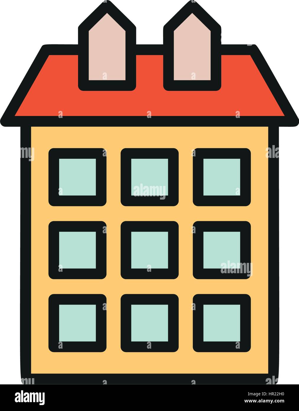 Isolato di colore arancione di bassa altezza di casa comunale in lineart icona di stile, elemento urbano di edificio architettonico illustrazione vettoriale. Illustrazione Vettoriale