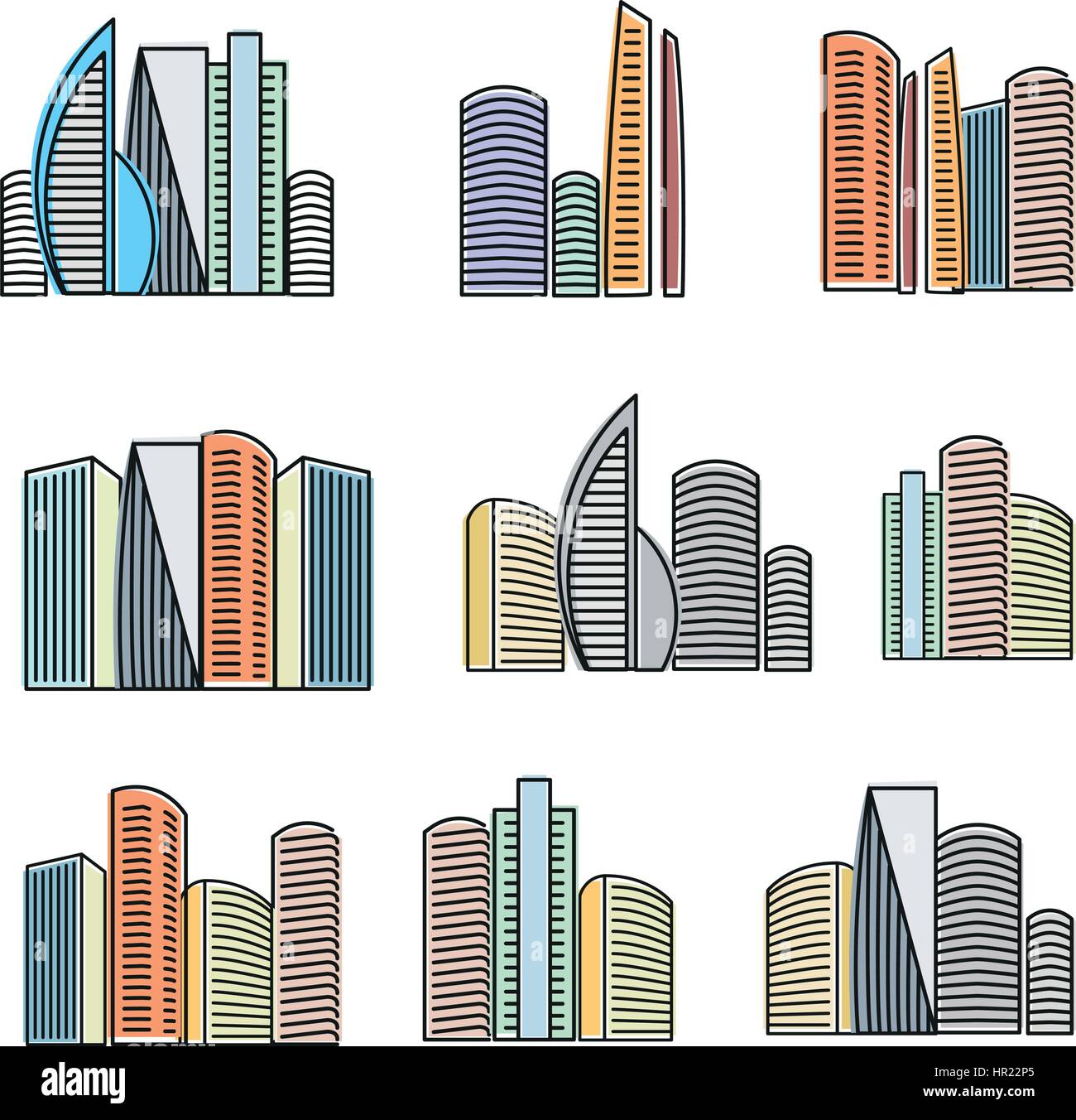 Isolato colorati edifici alti raccolta di icone, grattacieli illustrazioni vettoriali su sfondo bianco. Illustrazione Vettoriale