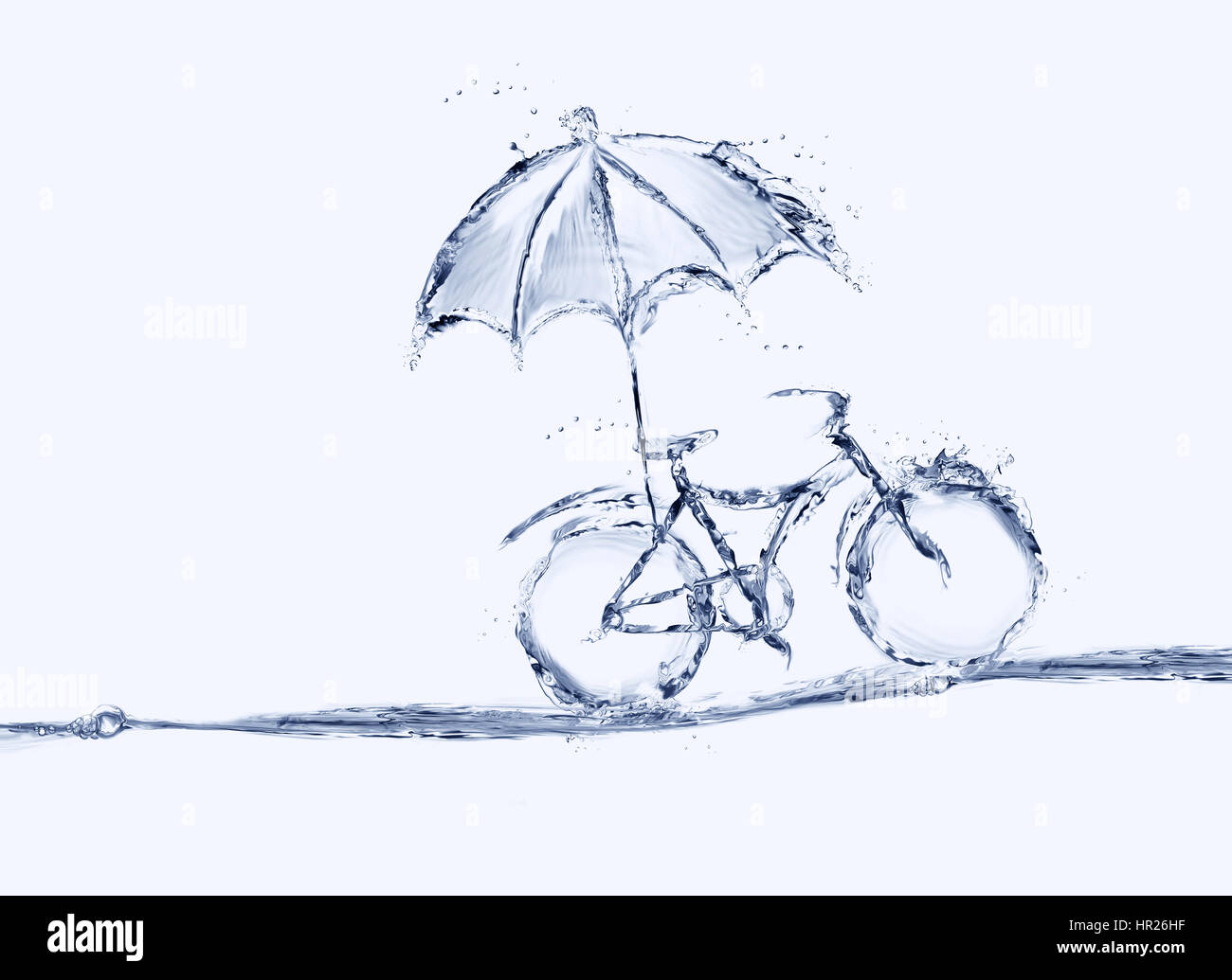 Una bicicletta blu realizzato in acqua con un ombrello attaccato ad esso. Foto Stock