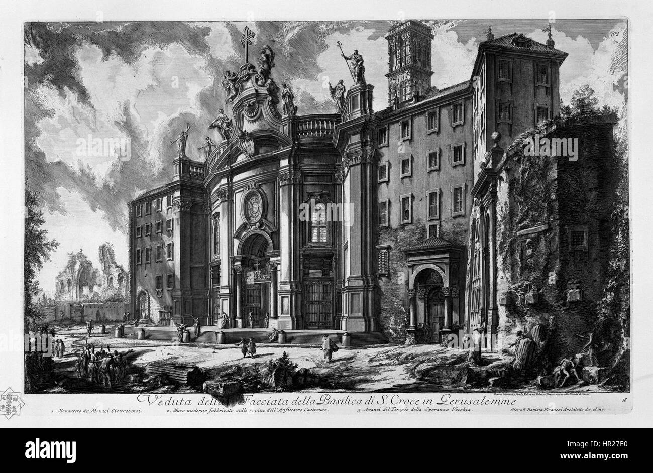 L'incisione di Giovanni Battista Piranesi del 1602 raffigura le rovine dell'antica Roma, mostrando la sua maestria nel catturare i dettagli architettonici e la grandiosità dell'architettura romana. Piranesi è famoso per le sue incisioni su antiche rovine, che furono determinanti nel plasmare la comprensione moderna dell'architettura classica. Foto Stock