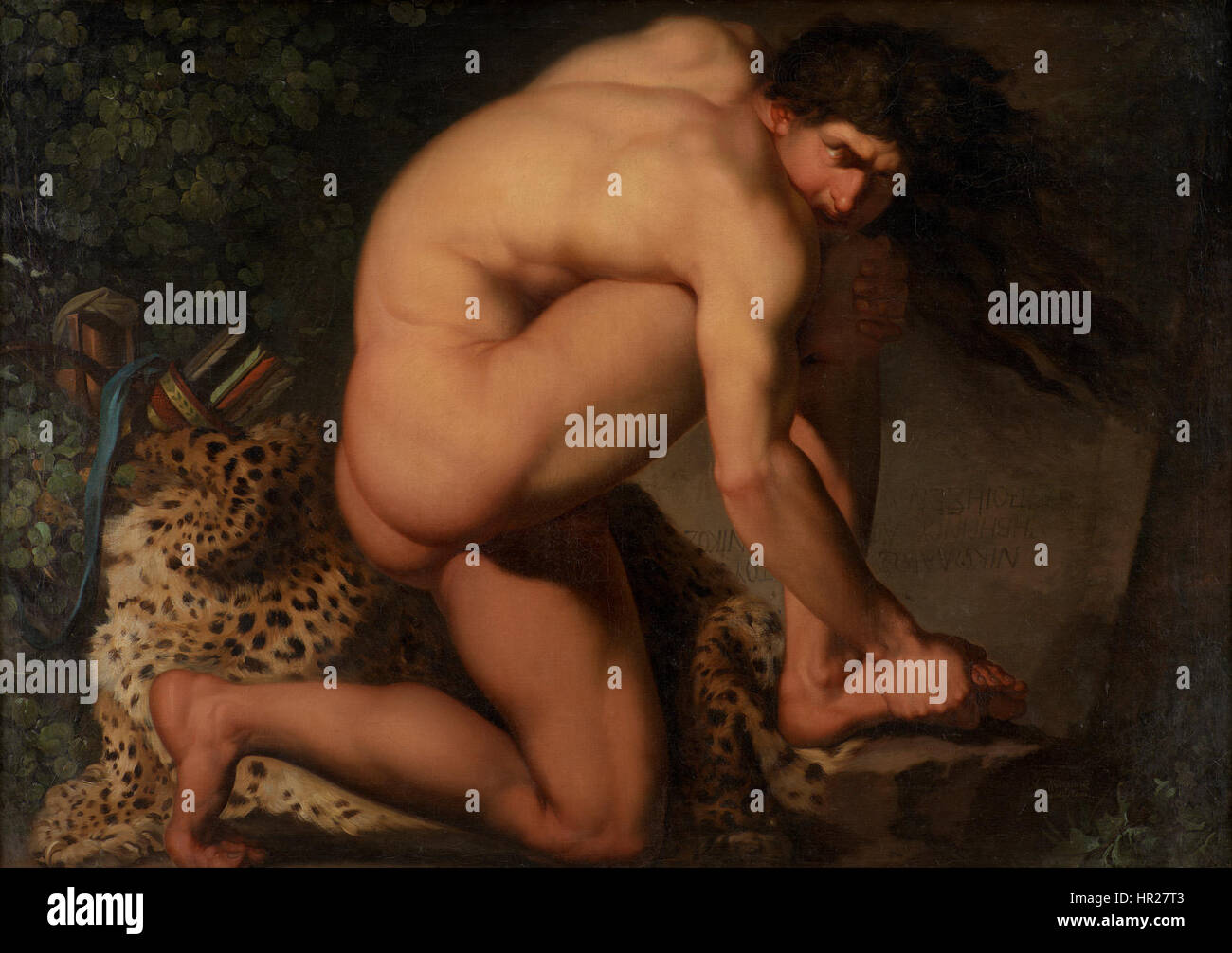 "I Filotteti feriti" di Nicolai Abildgaard raffigura l'eroe mitologico greco Filottete, affetto da un morso di serpente. Il dipinto trasmette intense emozioni e l'agonia dell'eroe, riflettendo lo stile neoclassico di Abildgaard. Foto Stock