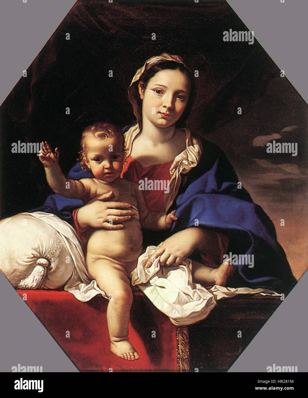 La "Vergine con bambino" di Nicolas Mignard presenta una rappresentazione serena della Vergine Maria che regge il Cristo neonato, con delicati dettagli e luci soffuse caratteristiche dell'arte barocca del XVII secolo. Foto Stock
