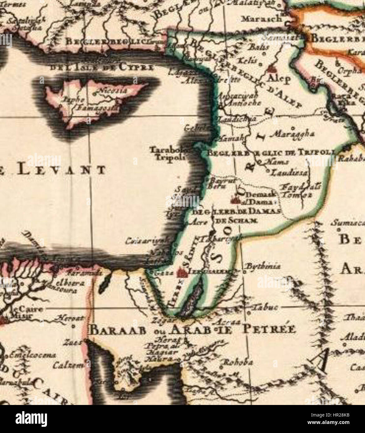 Questa mappa storica, creata da Jaillot nel 1696, raffigura l'Impero Ottomano e il Medio Oriente durante la fine del XVII secolo. La mappa illustra i confini politici, le città chiave e i territori dell'Impero al suo apice, offrendo un'istantanea del paesaggio geopolitico della regione durante quel periodo. Foto Stock