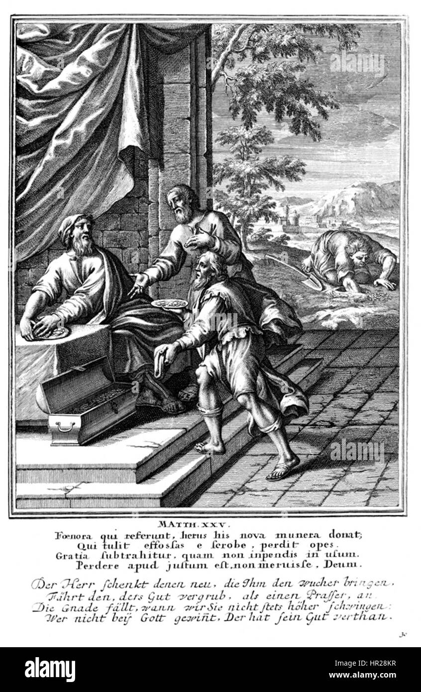 La parabola dei talenti è una storia biblica che si trova nel Vangelo di Matteo. Illustra temi di gestione, responsabilità e le conseguenze dell'utilizzo o dello spreco delle proprie capacità o risorse. La parabola sottolinea l'importanza di utilizzare i propri talenti con saggezza e le ricompense per farlo. Foto Stock