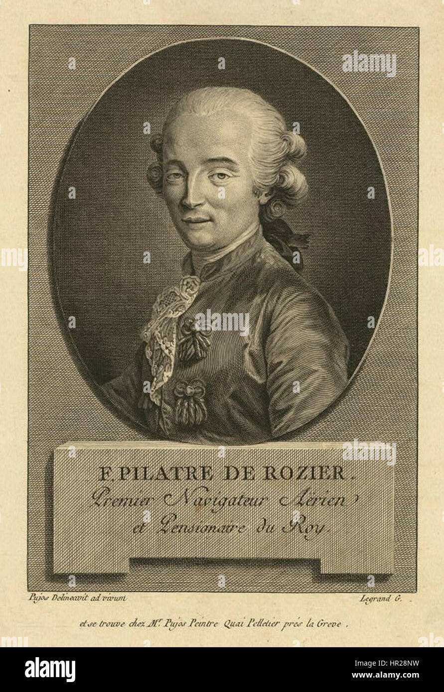 Pilatre de Rozier fu il primo uomo a volare su una mongolfiera. Il suo volo pionieristico nel 1783 segnò un momento significativo nella storia dell'aviazione e dell'esplorazione. È ricordato per i suoi contributi ai primi sforzi in mongolfiera. Foto Stock