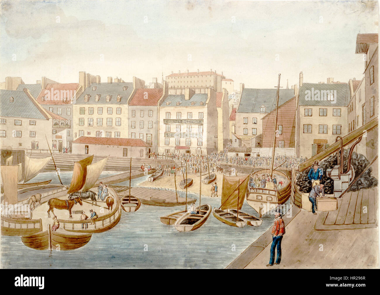 La *Place du Marché basse-Ville* in Quebec, dipinta nel 1829, cattura il vivace mercato e la sua atmosfera vivace, riflettendo la vita urbana dei primi anni del XIX secolo e la cultura franco-canadese del Quebec. Foto Stock