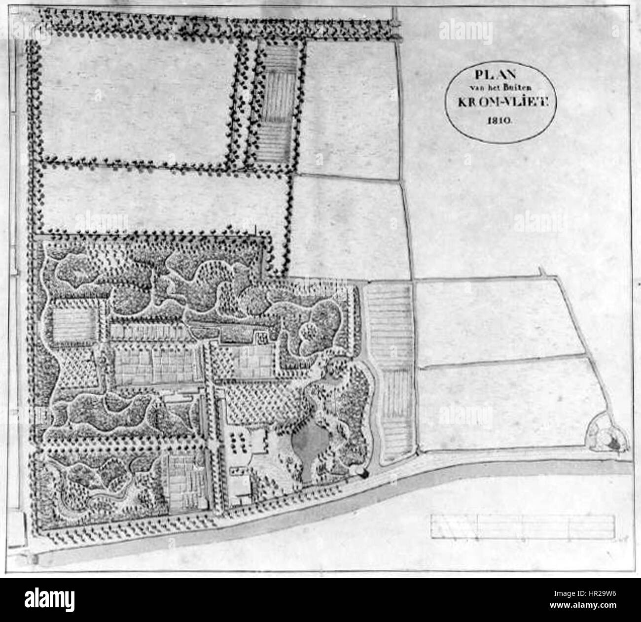 Questa mappa del 1810 di Mensing raffigura la tenuta di Cromvliet a Rijswijk, fornendo un layout dettagliato della proprietà, tra cui edifici, giardini e terreni circostanti. La mappa riflette le tecniche cartografiche dei primi anni del XIX secolo. Foto Stock