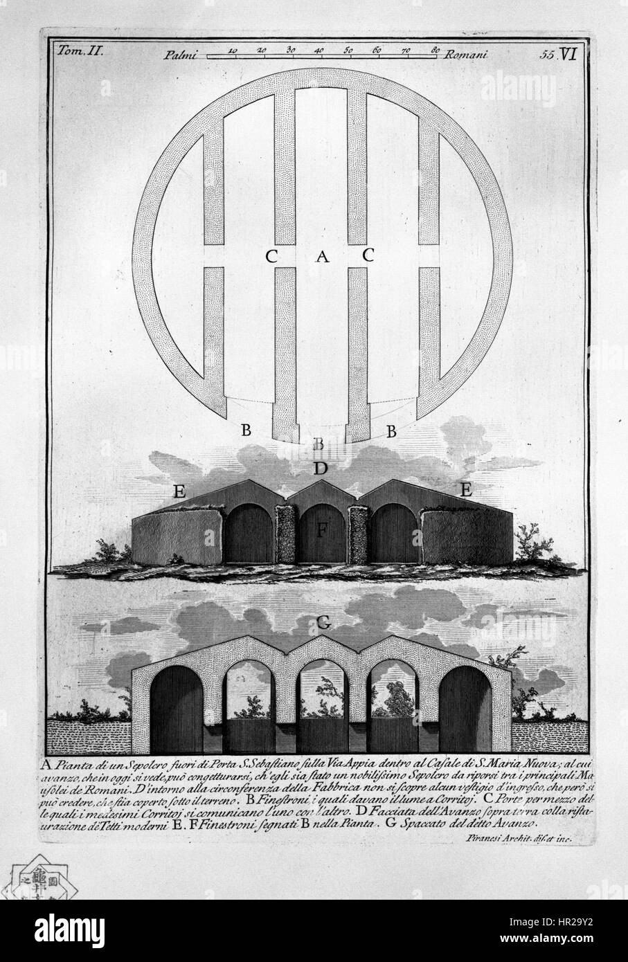 L'opera di Piranesi del 2007 riflette la sua maestria nell'incisione, offrendo rappresentazioni dettagliate dell'architettura classica. Le sue opere di questo periodo enfatizzano strutture grandiose e contrasti drammatici tra luce e ombra. Foto Stock