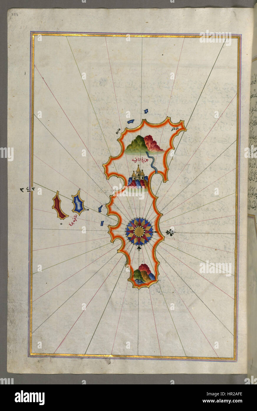 La mappa di Piri Reis raffigura l'isola di Anafi, situata a est di Thera (Santorini). Creata all'inizio del XVI secolo, questa mappa del mondo ottomana è nota per la sua rappresentazione dettagliata della geografia mediterranea, combinando conoscenze provenienti da varie fonti, tra cui esplorazioni europee, islamiche e locali. Foto Stock