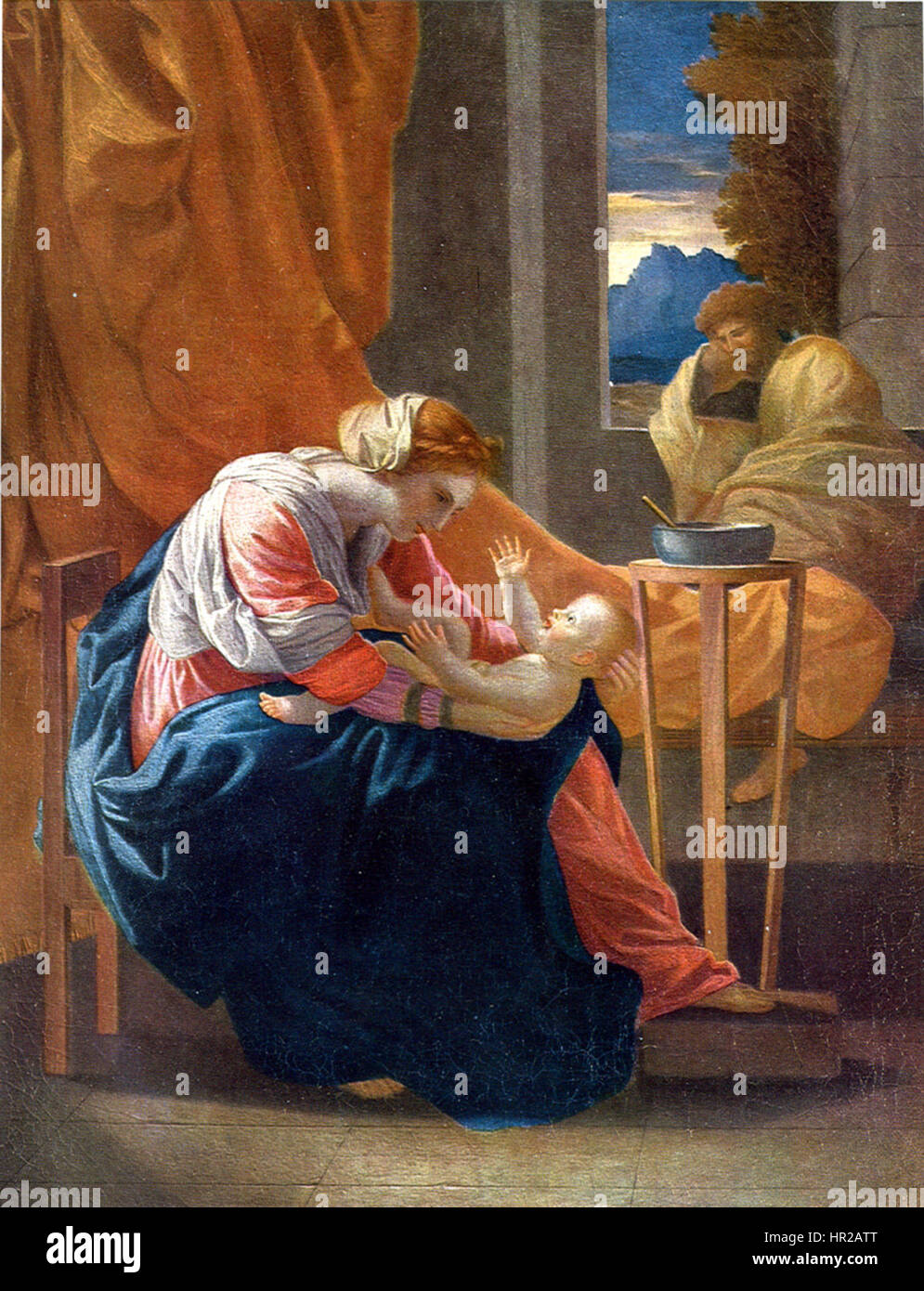 La "Sainte Famille" di Nicolas Poussin raffigura la Sacra famiglia, illustrando l'importanza religiosa e culturale della Vergine Maria, Gesù e Giuseppe nell'arte barocca. Il pezzo riflette la maestria di Poussin nella composizione e nell'uso della luce. Foto Stock