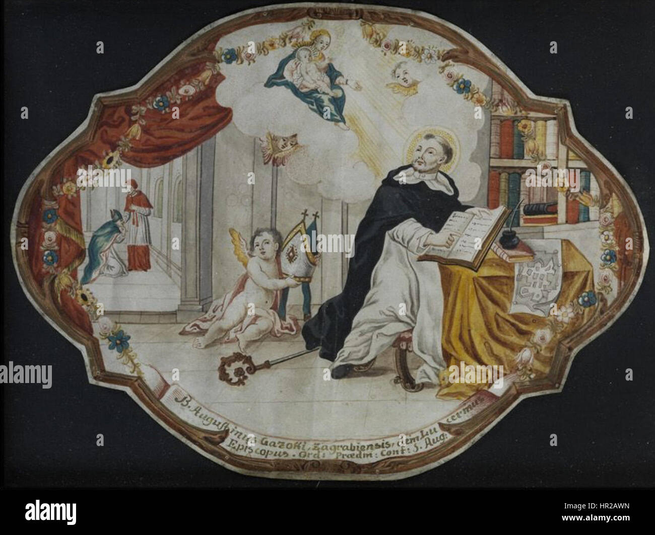 Il ritratto di Sant'Agostino Gazzotti di Zagabria, vescovo del XVIII secolo, raffigura la figura religiosa in tradizionale abbigliamento clericale, sottolineando la sua importanza come leader spirituale all'interno della Chiesa cattolica durante il suo tempo. Foto Stock