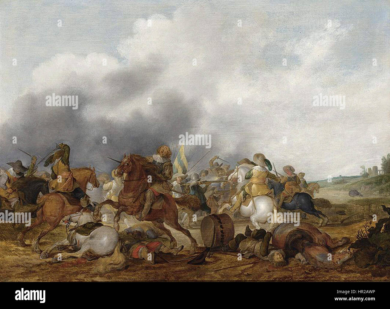 "Cavalry Battle Scene" di Palamedes Palamedesz.raffigura un intenso scontro tra le forze di cavalleria. La composizione dinamica cattura il movimento e l'azione, mostrando la strategia militare e il caos della battaglia nel XVII secolo. Foto Stock