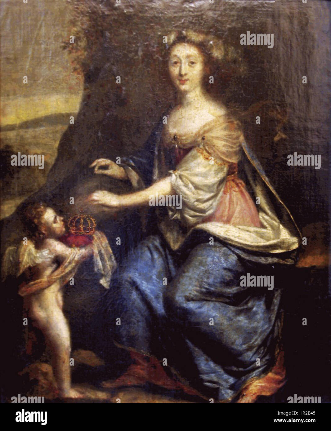 Questo ritratto raffigura una donna che riceve una corona reale, simboleggiando la sua ascesa al potere o una posizione d'onore. Il dipinto mette in evidenza l'abbigliamento regale e un'atmosfera di cerimonia, riflettendo il significato culturale della monarchia e della nobiltà nel contesto della società del soggetto. Foto Stock