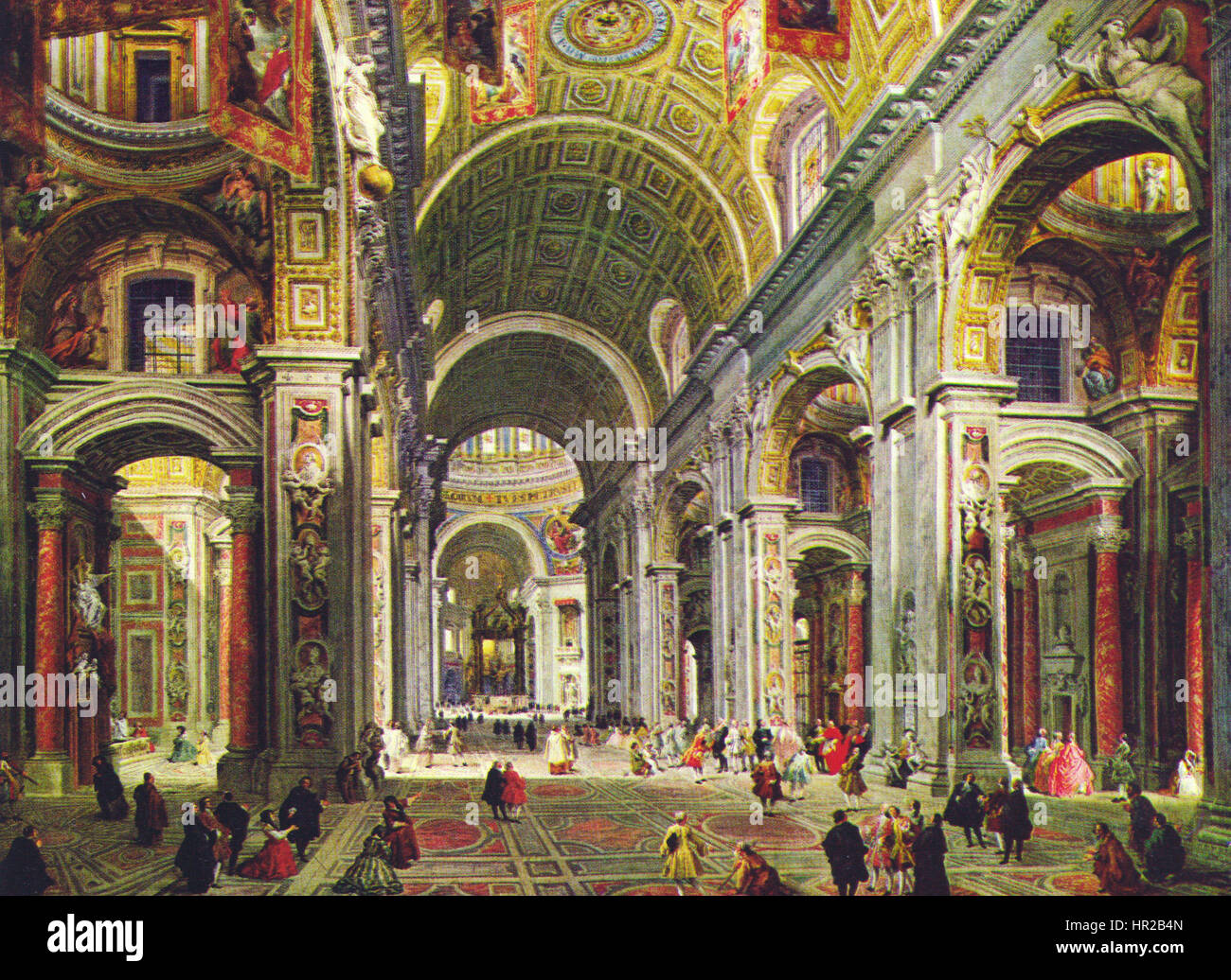 "Inneres von San Pietro in Rom" di Giovanni Paolo Pannini del 1755 illustra la grandezza della Basilica di San Pietro a Roma. Il dipinto si concentra sugli intricati dettagli architettonici e sull'ampio interno della chiesa. Foto Stock