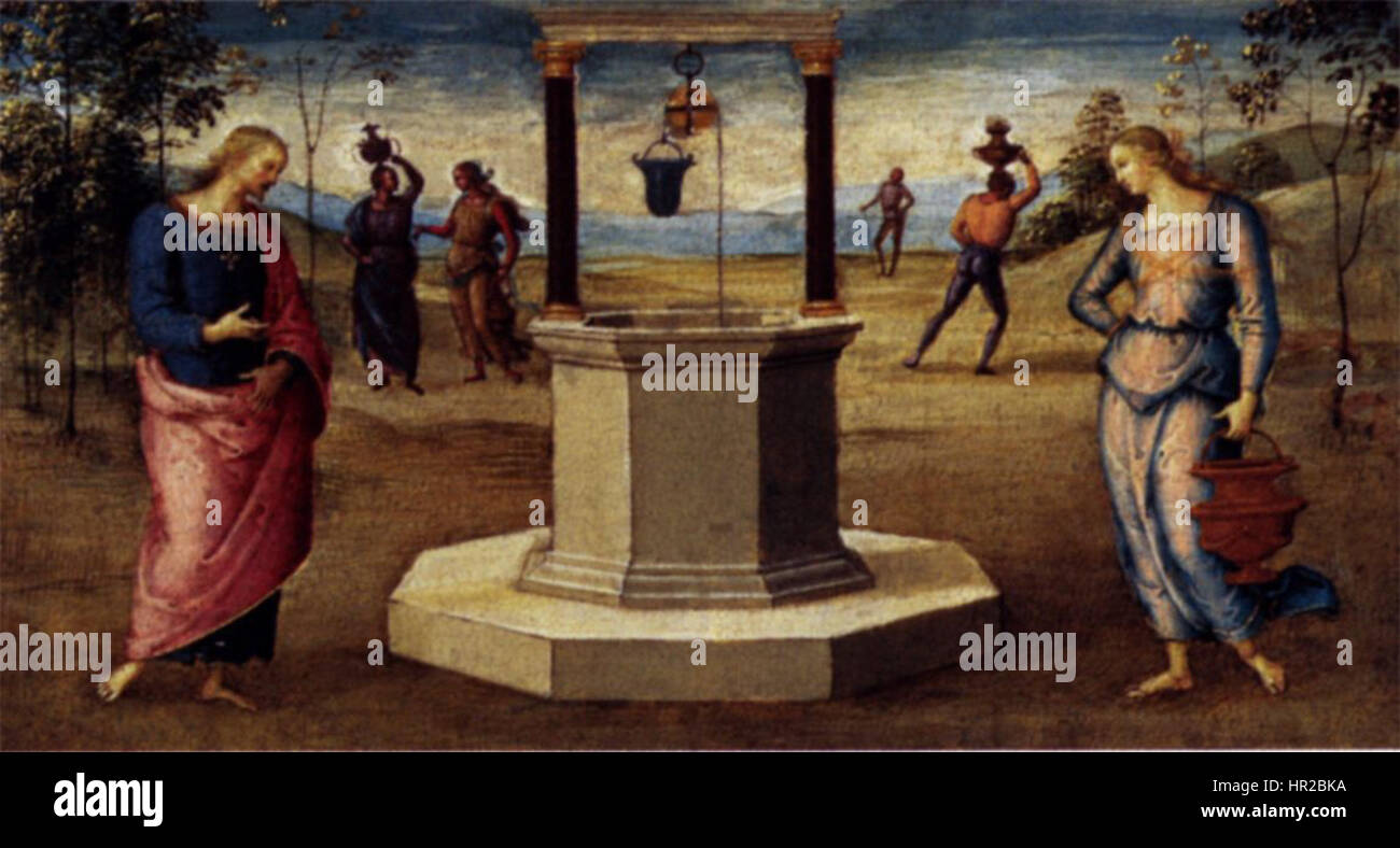 Questa opera d'arte di Pietro Perugino raffigura una scena religiosa classica, che mostra la sua maestria nella composizione e nell'uso della prospettiva tipica del Rinascimento italiano. Foto Stock