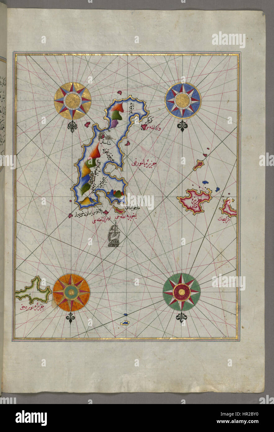 Questa mappa del cartografo ottomano Piri Reis mostra l'isola di Amorgos nel Mar Egeo sudorientale. Creata all'inizio del XVI secolo, la mappa riflette la conoscenza dettagliata della regione mediterranea e delle sue coste da parte di Piri Reis. Foto Stock