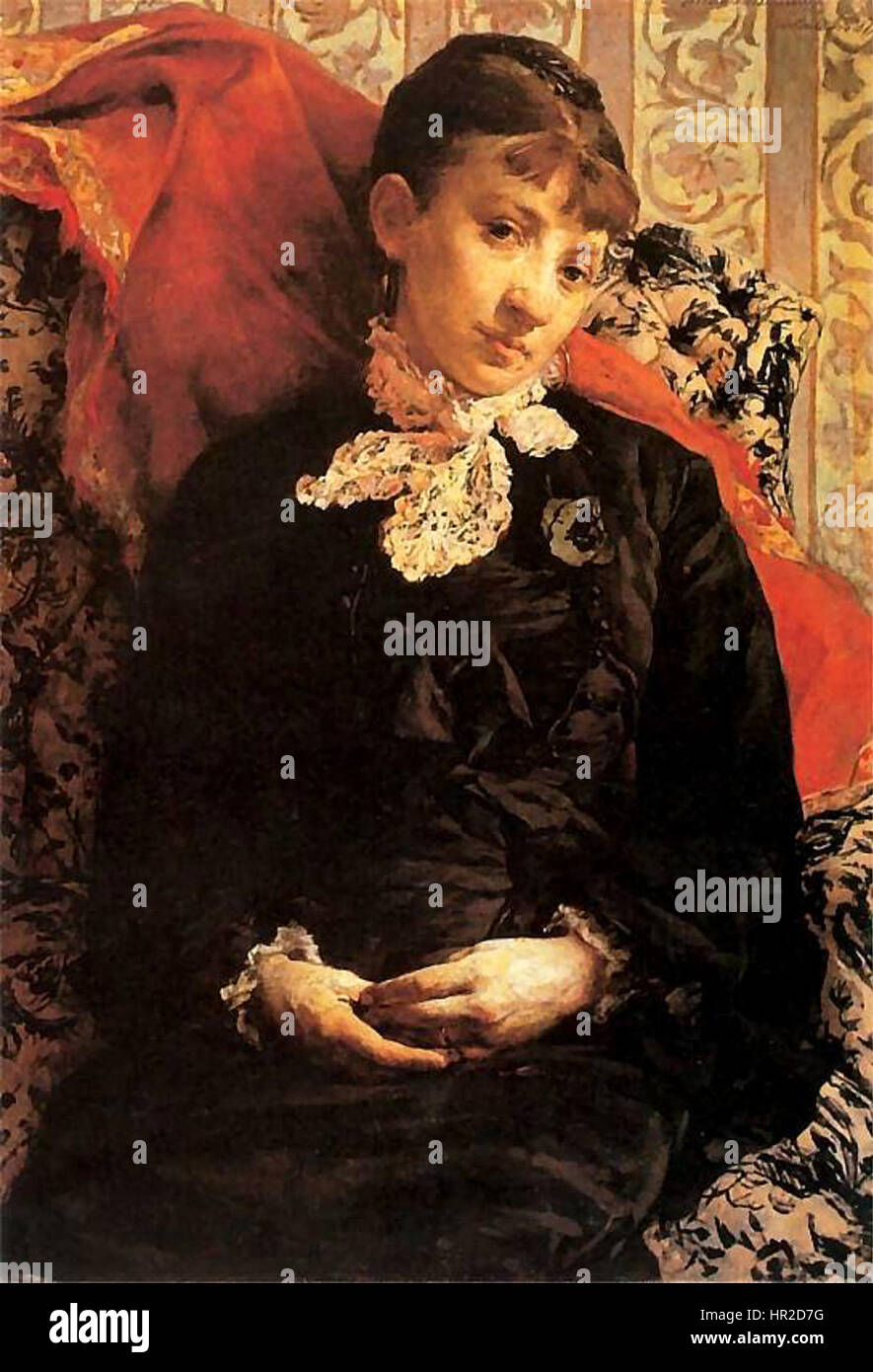 'Portret Stefanii Fedorowiczowej' è un ritratto dipinto da Pruszkowski, che presenta il soggetto in abiti tradizionali. Il dipinto cattura l'eleganza e la grazia del periodo, con particolare attenzione alla pennellata dettagliata e alla rappresentazione realistica del soggetto. Foto Stock