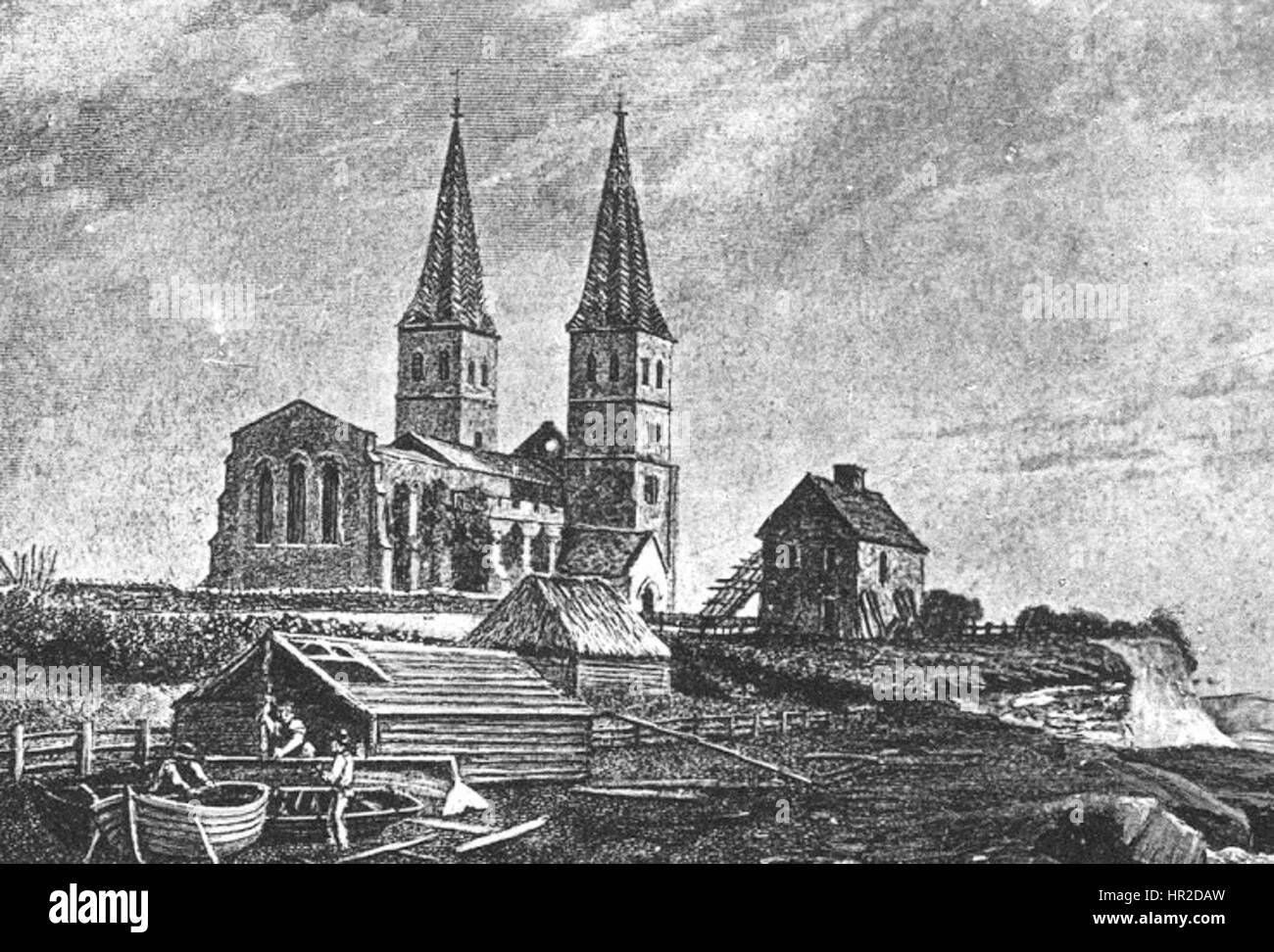 'North View Reculver 1800' è un dipinto di paesaggio che raffigura la vista costiera di Reculver, Inghilterra, all'inizio del XIX secolo. L'opera mette in risalto la costa frastagliata e le caratteristiche architettoniche delle Torri Reculver, con particolare attenzione all'ambiente naturale. Foto Stock