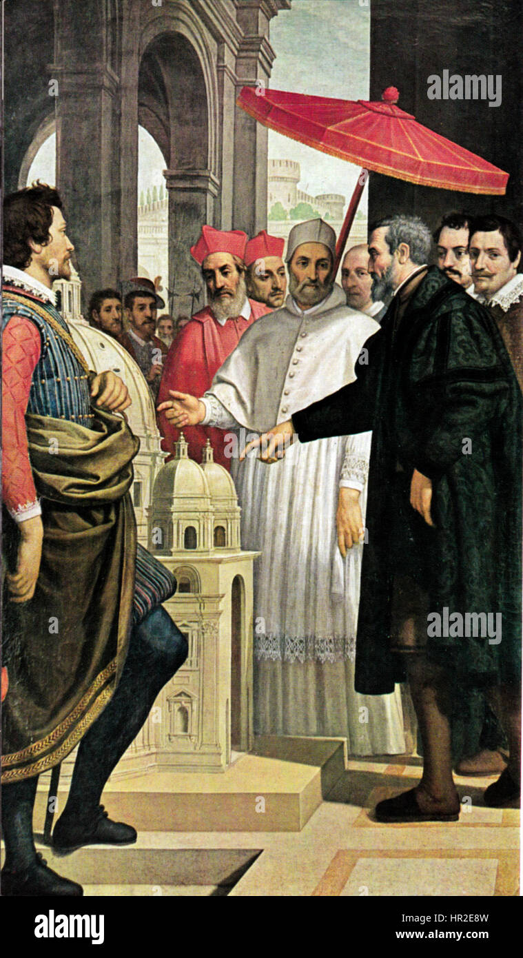 Il dipinto di Michelangelo Passignano raffigura Papa Paolo IV che riceve il modello per la progettazione della basilica di San Pietro, mostrando un momento importante nell'architettura rinascimentale e nella storia dell'arte. Foto Stock
