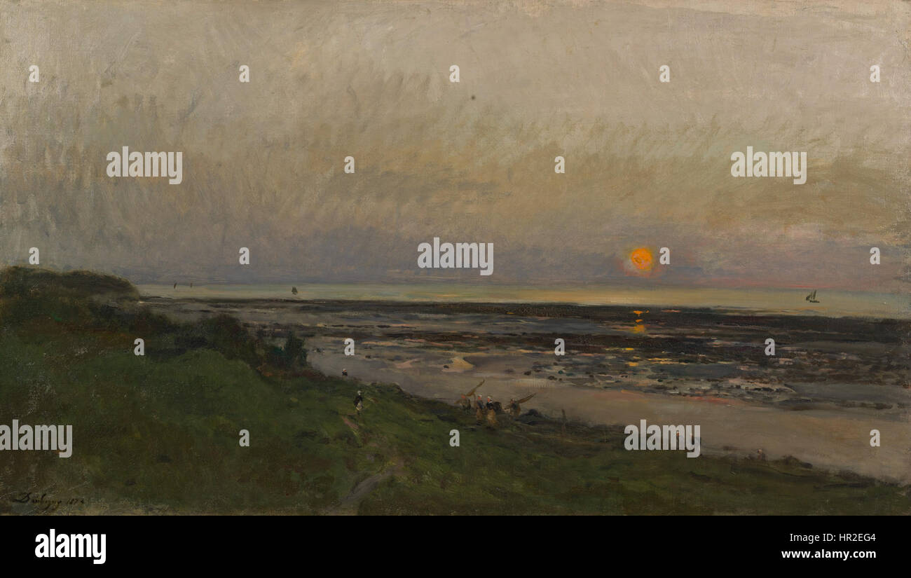 "Ondergaande zon bij Villerville" (tramonto a Villerville) di Vincent van Gogh è un dipinto di paesaggio che raffigura un vibrante tramonto sulla campagna della Normandia. Il lavoro dimostra la padronanza del colore e della tecnica del pennello di Van Gogh, catturando la bellezza dinamica della natura. Foto Stock