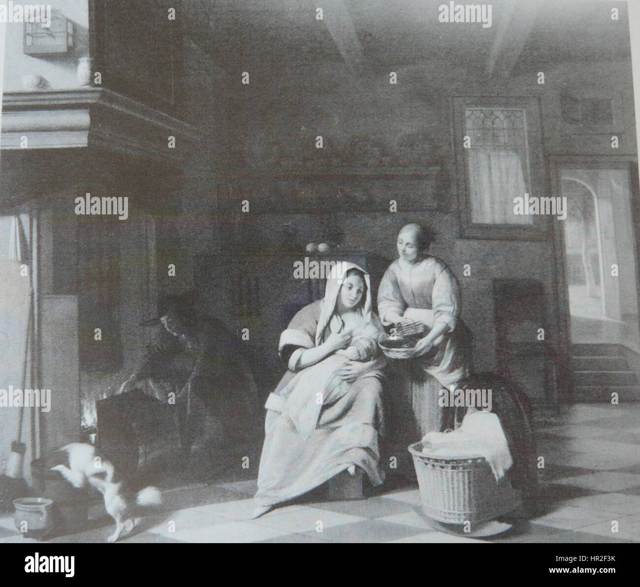 Pieter De Hooch - una donna, bambino, servendo donna con asparagi e uomo da un incendio Foto Stock