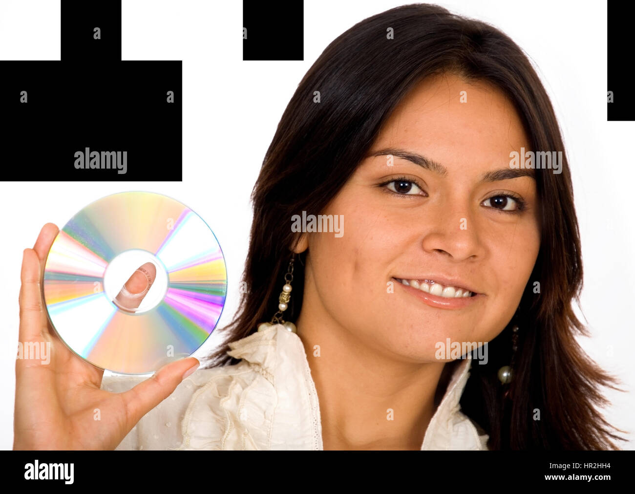 Business donna trattenere dati su un CD ROM - isolato su uno sfondo bianco Foto Stock