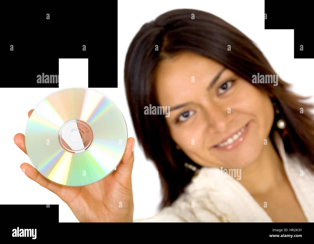 Business donna trattenere dati in un cd-rom - isolato su uno sfondo bianco Foto Stock