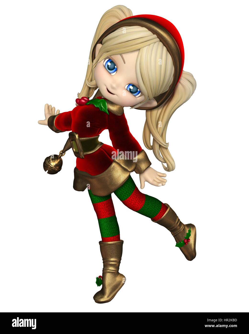 Carino toon Christmas elf ragazza in un rosso e verde tuta e cappello con campana, 3d rendering digitalmente illustrazione Foto Stock