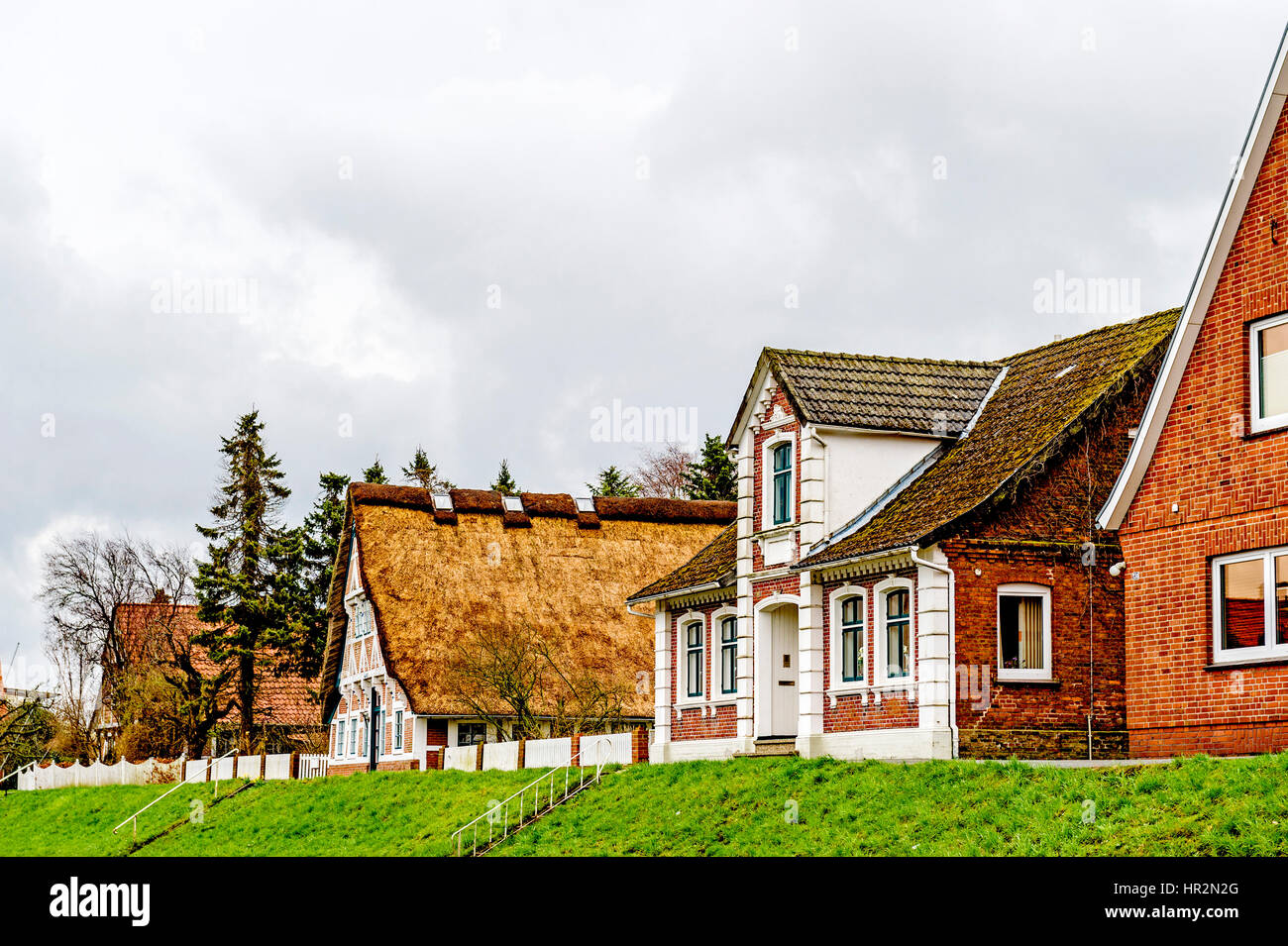 Häuser auf dem Deich in Mittelnkirchen, Altes Land; case in Mittelnkirchen, Bassa Sassonia Foto Stock