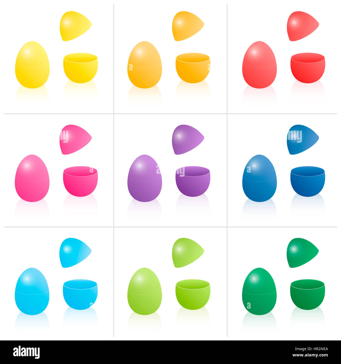 Uovo di Pasqua confezioni regalo, chiuso e aperto per essere riempito, nove diversi colori. Foto Stock