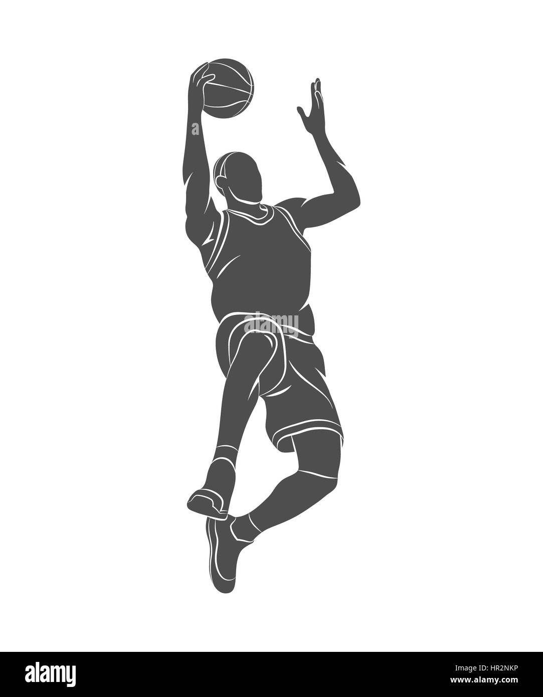 Silhouette del giocatore di basket con palla su uno sfondo bianco. Illustrazione della foto. Foto Stock