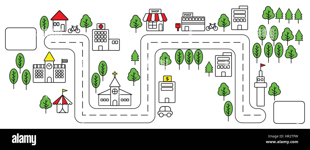 Semplice linea colori urban mappa città in design piatto su sfondo bianco Illustrazione Vettoriale