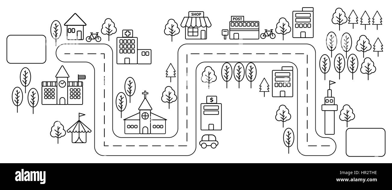 Semplice nero urbano Linea mappa città in design piatto su sfondo bianco Illustrazione Vettoriale