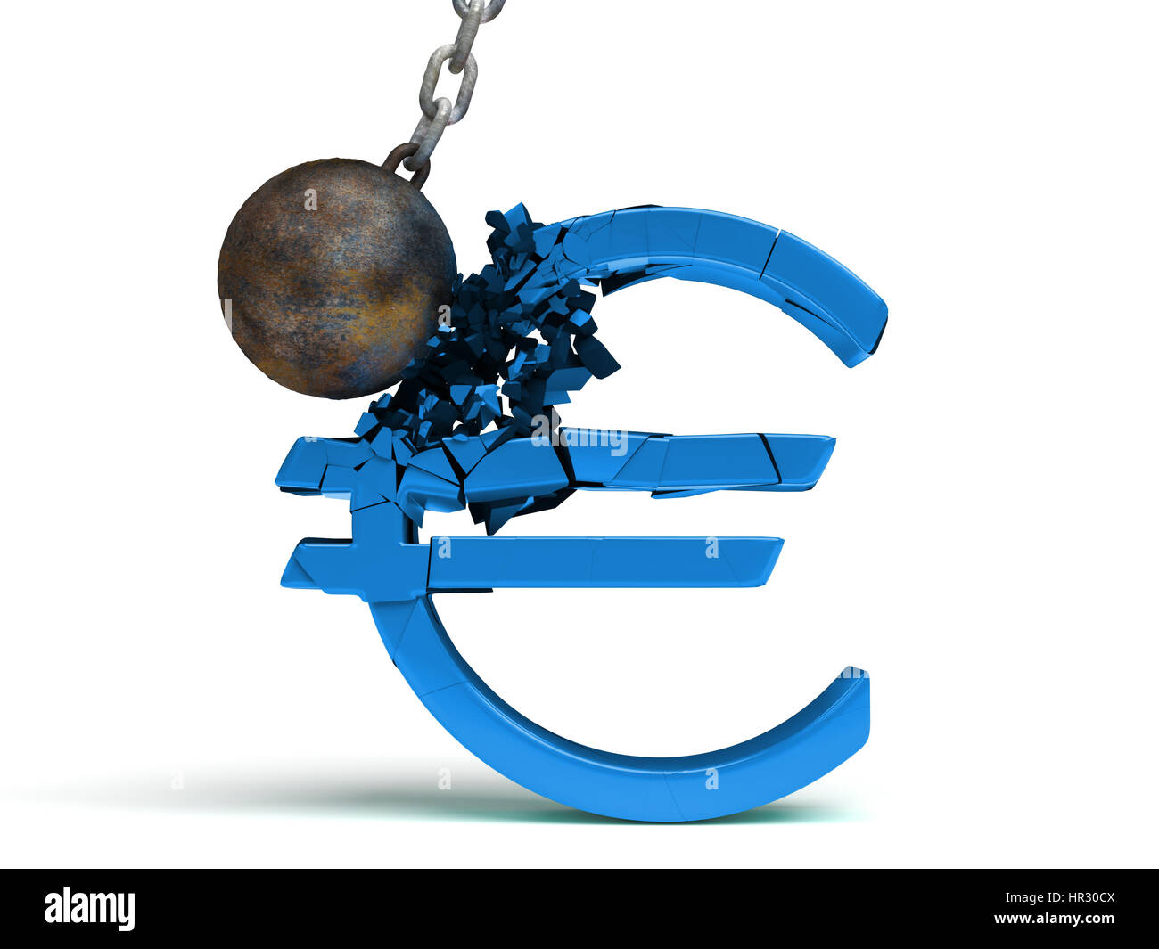 Wrecking Ball distruggendo un gigantesco e blu segno Euro Foto Stock