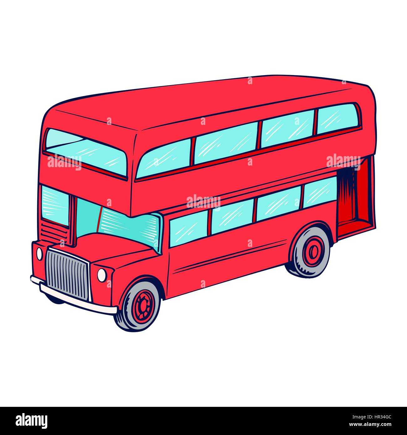 Double Decker bus rosso, città servizio pubblico di trasporto veicolo retro-bus. Illustrazione Vettoriale, design piatto, isolato su uno sfondo bianco. Illustrazione Vettoriale