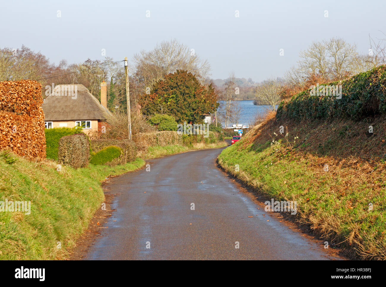 Una vista da un paese vicolo che conduce a Malthouse ampio a Ranworth, Norfolk, Inghilterra, Regno Unito. Foto Stock