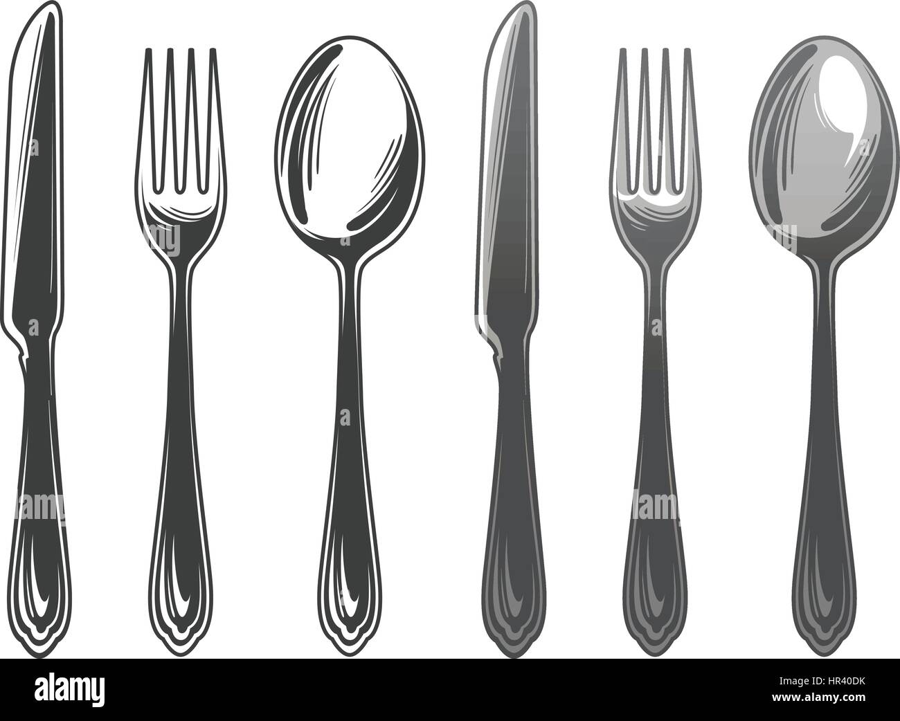 Set di posate cucchiaio, coltello e forchetta. Oggetti per il servizio da tavola, vista dall'alto. Illustrazione Vettoriale Illustrazione Vettoriale