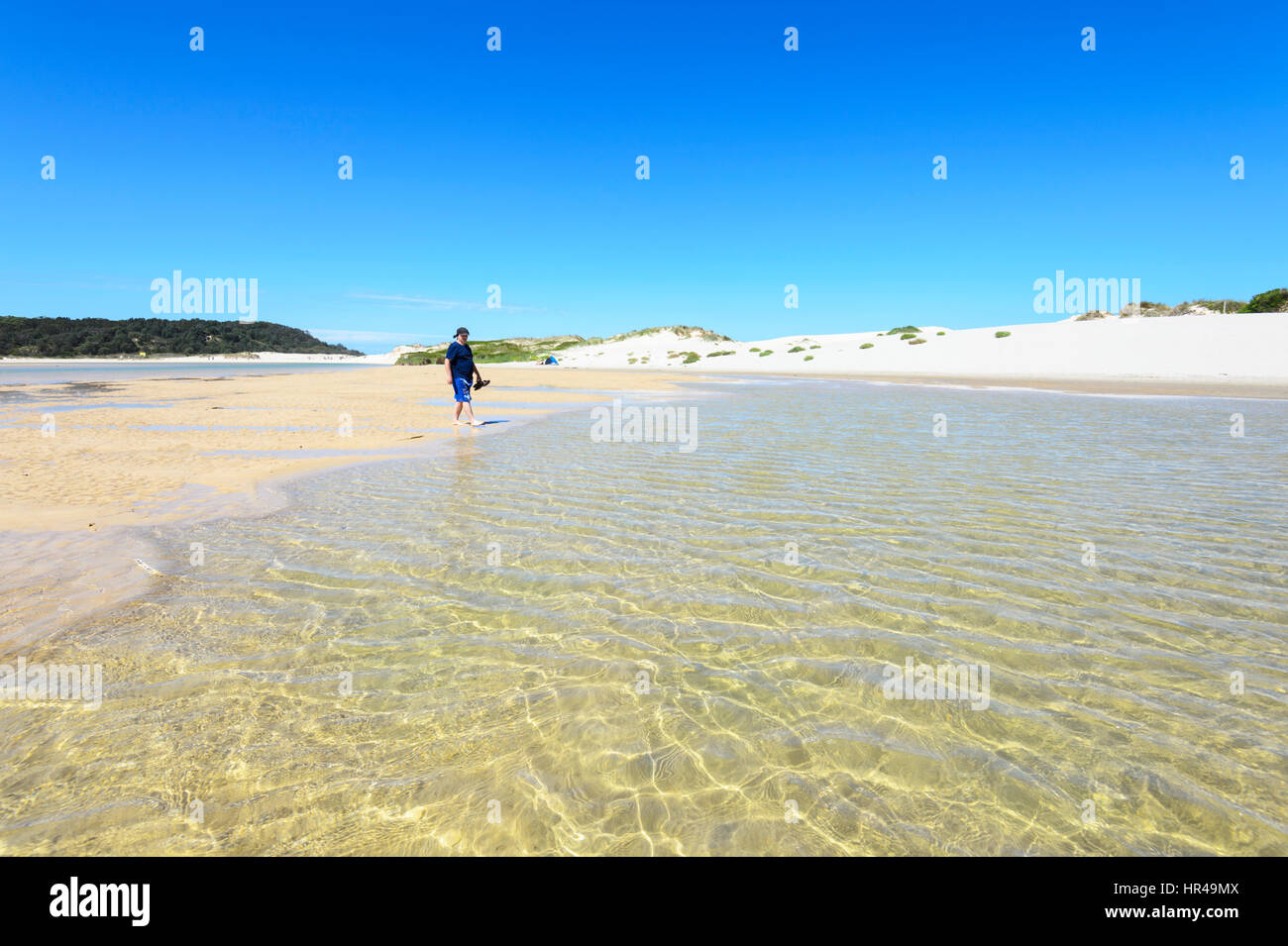 Persone guadare attraverso le acque poco profonde del Lago Conjola, Shoalhaven, South Coast, Nuovo Galles del Sud, NSW, Australia Foto Stock
