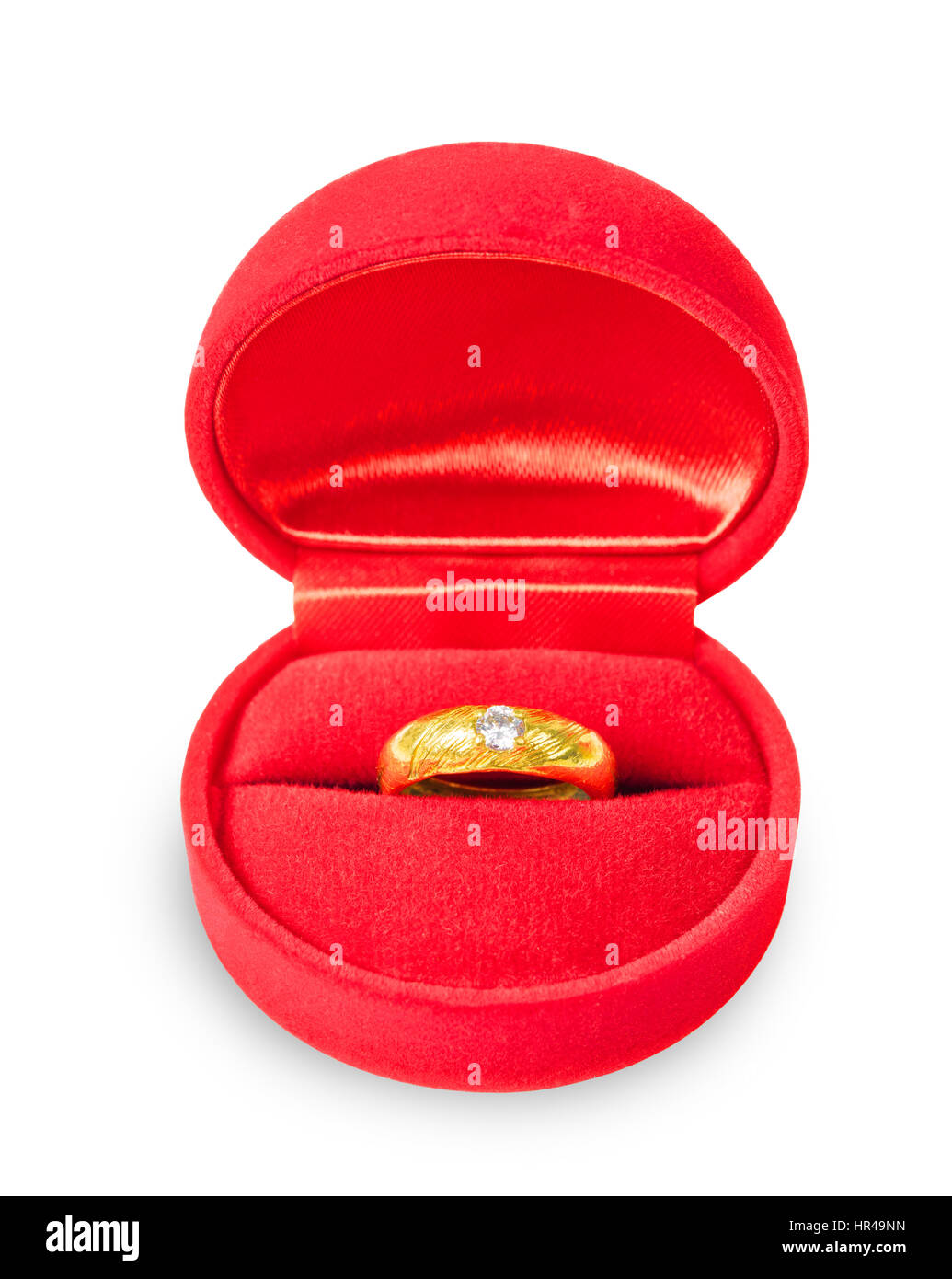 Scatola con un anello, proposta di matrimonio isolati su sfondo bianco, salvati percorso di clipping. Foto Stock