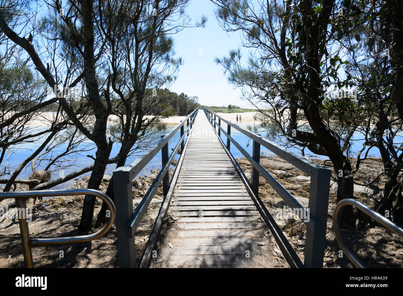 Il Boardwalk accesso alla laguna costiera e la spiaggia di sabbia, Dalmeny, Nuovo Galles del Sud, Australia Foto Stock