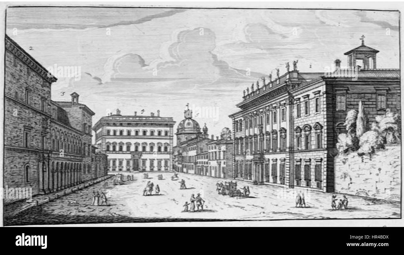 La Piazza dei Santi Apostoli a Roma, 1665, con il Palazzo Chigi a destra e la cupola di Santa Maria di Loreto visibile in lontananza, in un'incisione di Giovanni Battista Falda, un artista italiano. Foto Stock