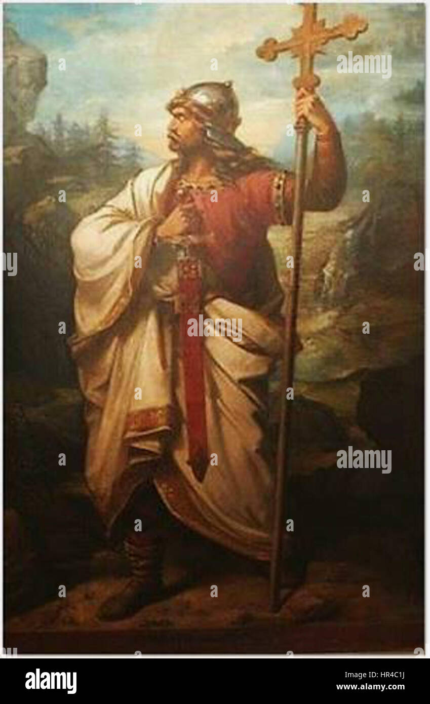 Pelayo, una figura storica dell'alto Medioevo, fu il primo re delle Asturie. Guidò la resistenza cristiana contro le forze musulmane durante la Reconquista, diventando un simbolo di resistenza e di recupero cristiano della Spagna. Foto Stock