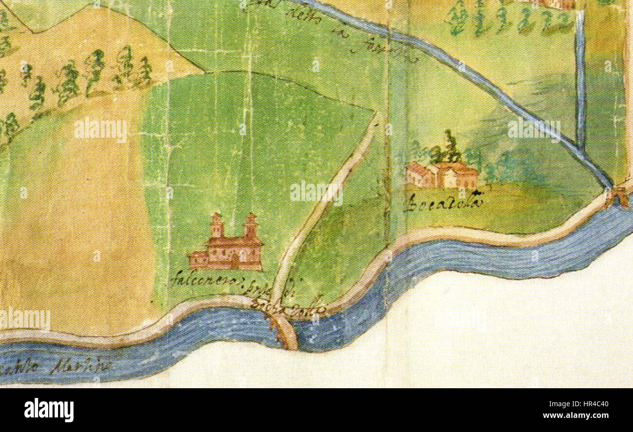 Questa mappa dettagliata della regione di Mantova del periodo rinascimentale illustra la disposizione geografica dell'area, evidenziando i principali punti di riferimento, le strade e i confini territoriali. Foto Stock