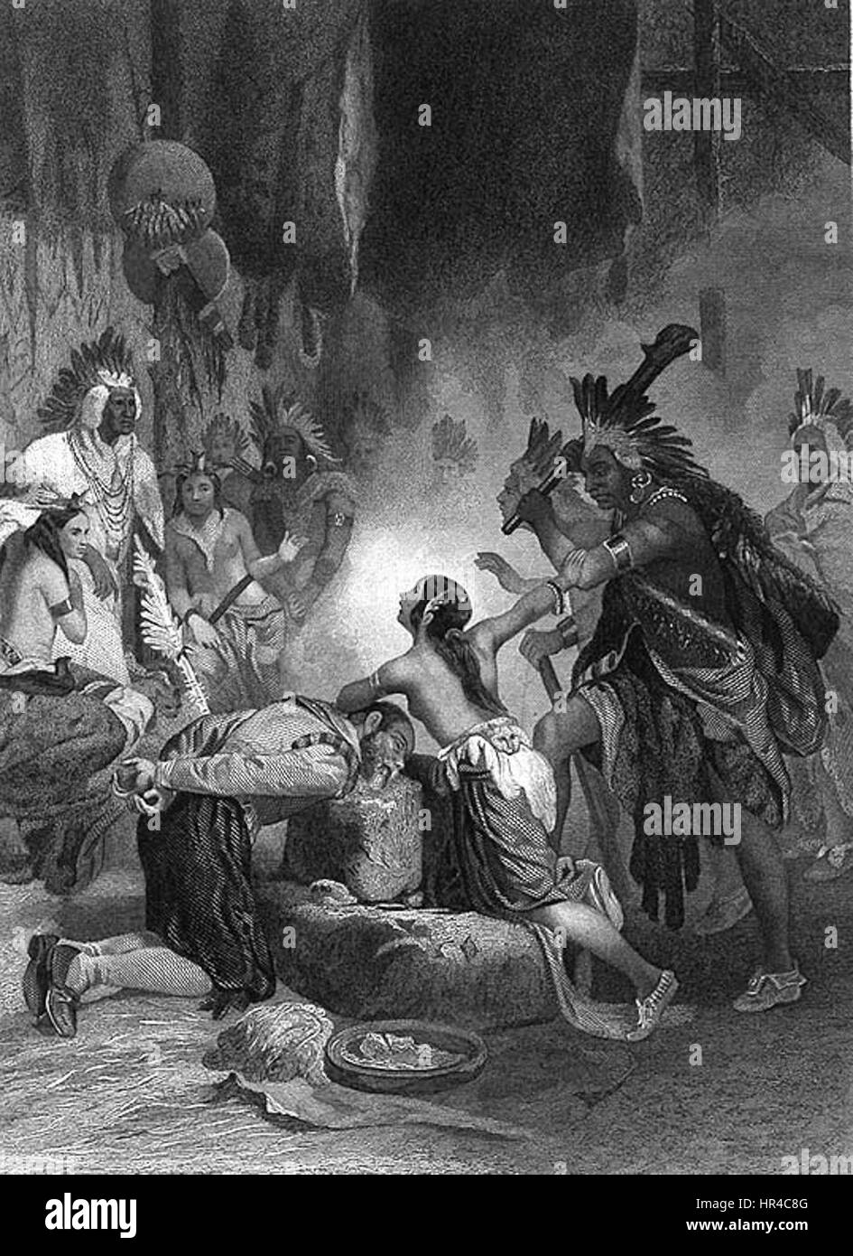 "Pocahontas Saving Life" è una scena iconica che raffigura la donna nativa americana Pocahontas che interviene per salvare la vita del colono inglese John Smith. Questo evento simboleggia il suo ruolo culturale e le prime interazioni tra nativi americani ed europei durante l'inizio del XVII secolo. Foto Stock