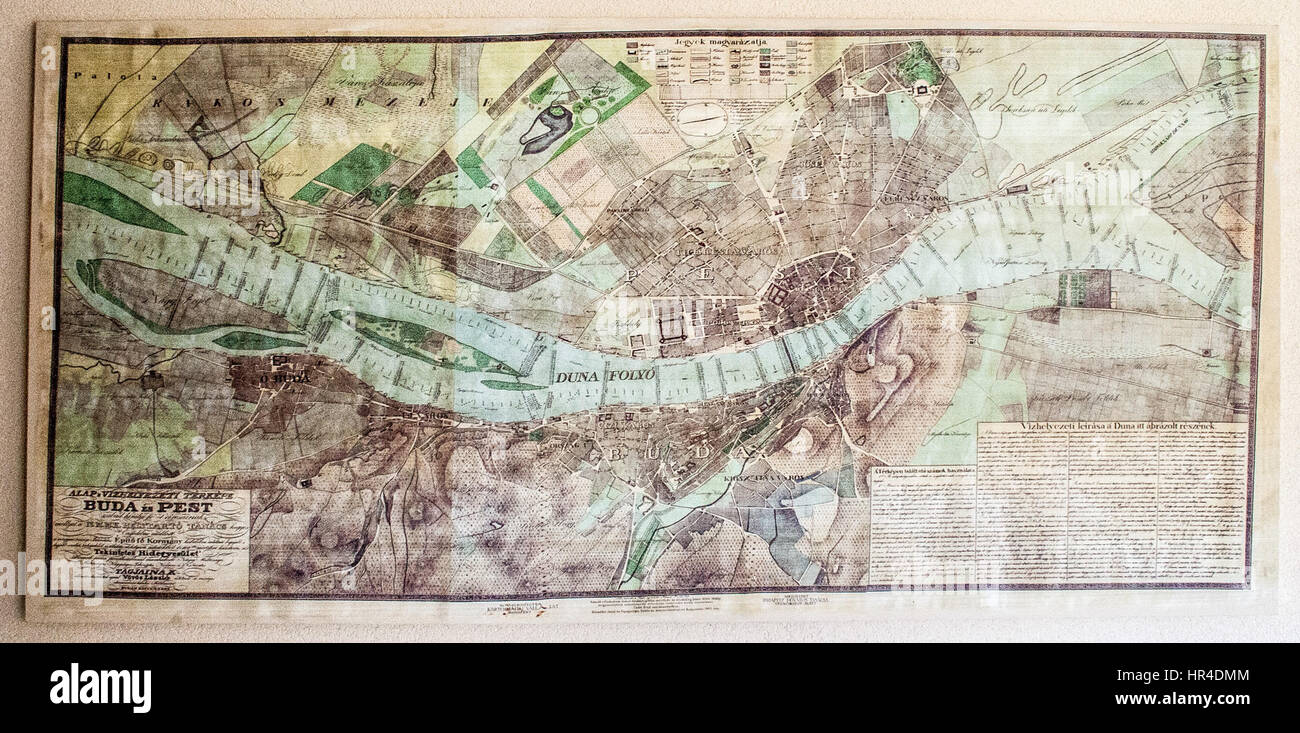 Mappa vecchia di Buda e Pest del Danubio, 1833 Foto Stock