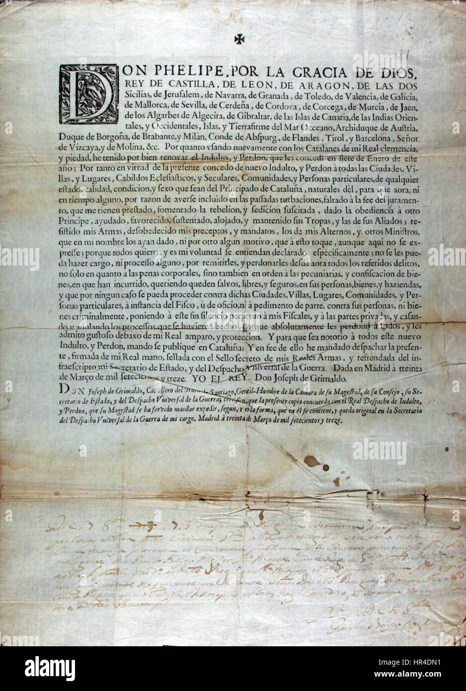 Jordon generale de Felipe V a los catalanes 30 marzo 1713 Foto Stock