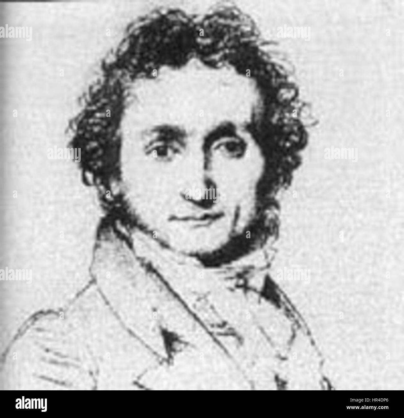 Niccolò Paganini è stato un violino virtuoso e compositore italiano, rinomato per la sua abilità tecnica e le sue composizioni innovative. Le sue opere, in particolare per il violino, influenzarono lo sviluppo del suono e della composizione del violino nel XIX secolo. Foto Stock