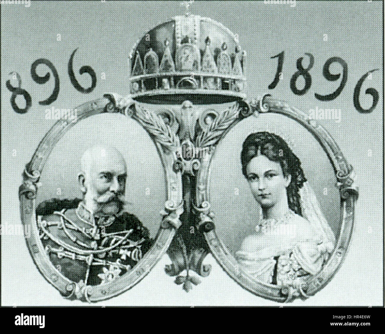 Questa rappresentazione dell'imperatore Francesco Giuseppe e di sua moglie Elisabetta, raffigurata su una foglia commemorativa del millennio, riflette il loro status reale e il loro significato storico. Foto Stock