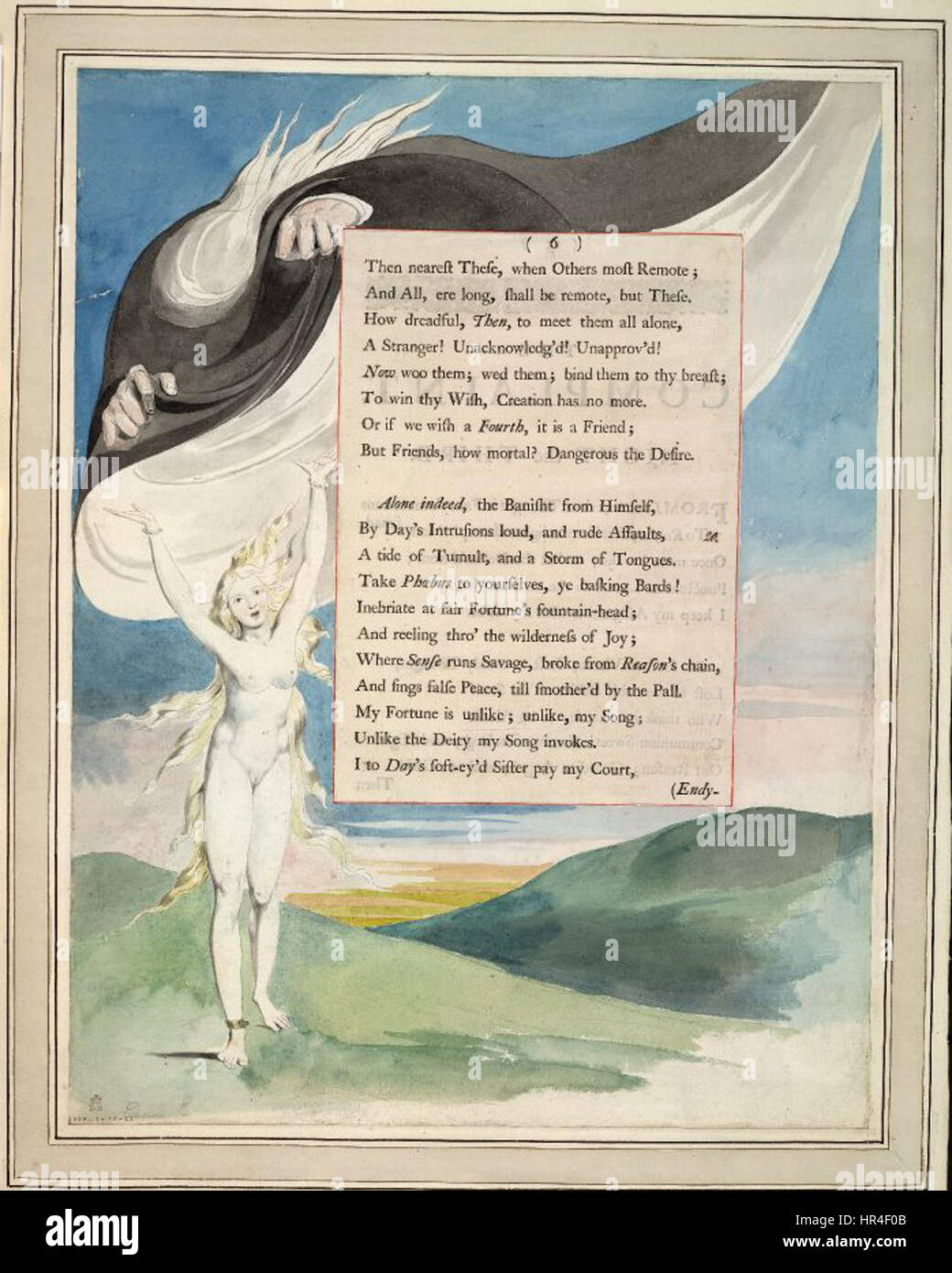 "Pensieri notturni" di William Blake, raffigurato in acquerello, esplora temi di vita, morte e condizione umana. La terza illustrazione della serie riflette l'approccio simbolico di Blake ai temi esistenziali. Foto Stock "Pensieri notturni" di William Blake, raffigurato in acquerello, esplora temi di vita, morte e condizione umana. La terza illustrazione della serie riflette l'approccio simbolico di Blake ai temi esistenziali. Foto Stock