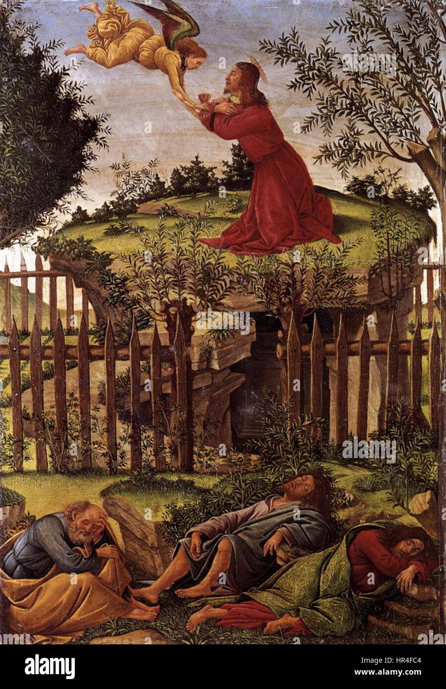 "Orazione orto" di Sandro Botticelli è una composizione che ritrae una scena religiosa nel Giardino degli Ulivi. Il dipinto cattura il momento della preghiera di Cristo nel giardino prima della sua crocifissione, evidenziando la profondità emotiva e il simbolismo. Foto Stock